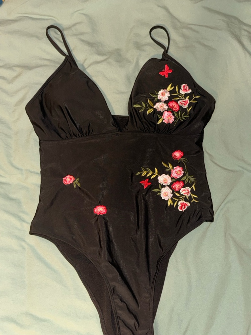 SHEIN Black One-Piece Swimsuit with Pink & Red Floral Embroidery
